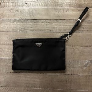 Authentic Prada Black Tessuto Nylon Pouch Case Clutch w Silver Prada Logo